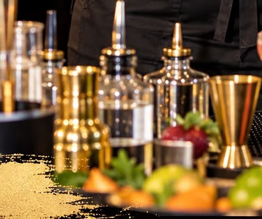 Bar tools, pourers and fresh fruit on the bar
