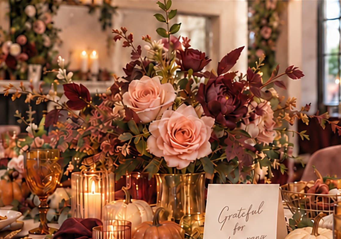 Autumn floral centerpiece with roses, candles and a 'Grateful for good company' card