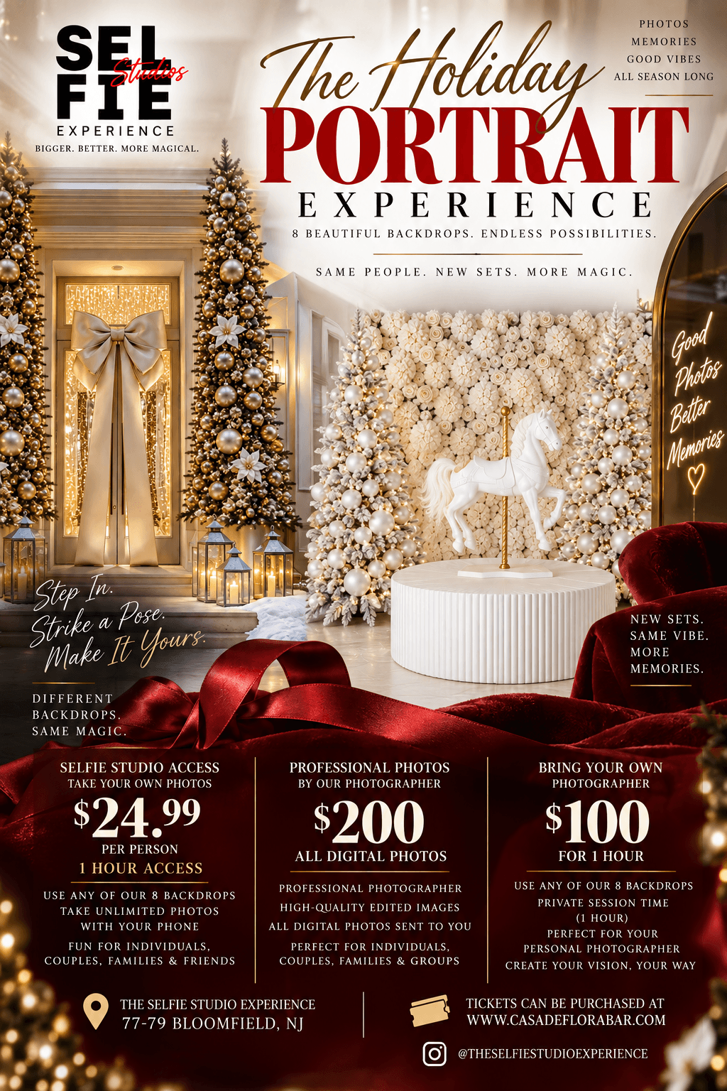 Winter-white holiday set with a carousel horse, flocked trees and a floral wall