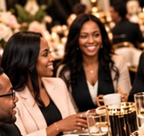 Guests laughing together around a table set with roses and candlelight.